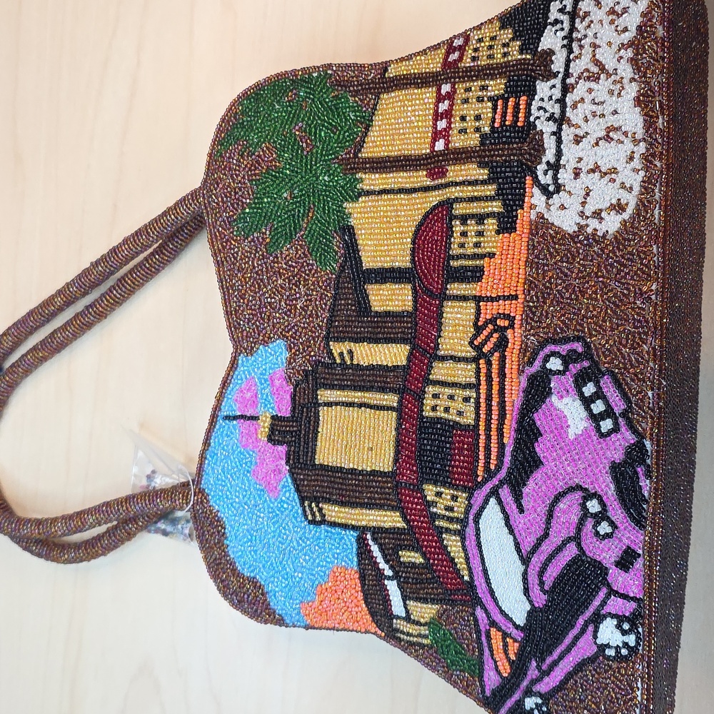 Embellished Multi-Color Beaded Sequin Purse Handbag Pink Car & Hotel Scene
